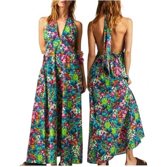 NWOT Free People Women's Green/VERT Funfetti
Print Halter Saffron Maxi Dress - Picture 1 of 7